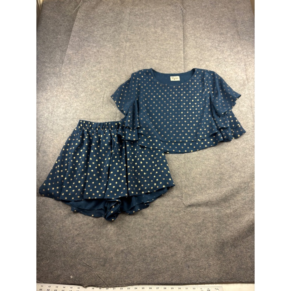 Show Me Your Mumu Teal Gold Polka Dot 2 Piece Set Crop Top Ruffle Shorts Women S
